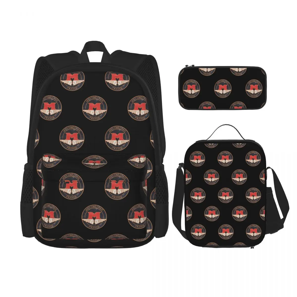 

MOTOBECANE . Retro Badge Backpacks Boys Girls Bookbag Students School Bags Kids Rucksack Lunch Bag Pen Bag Three-Piece Set