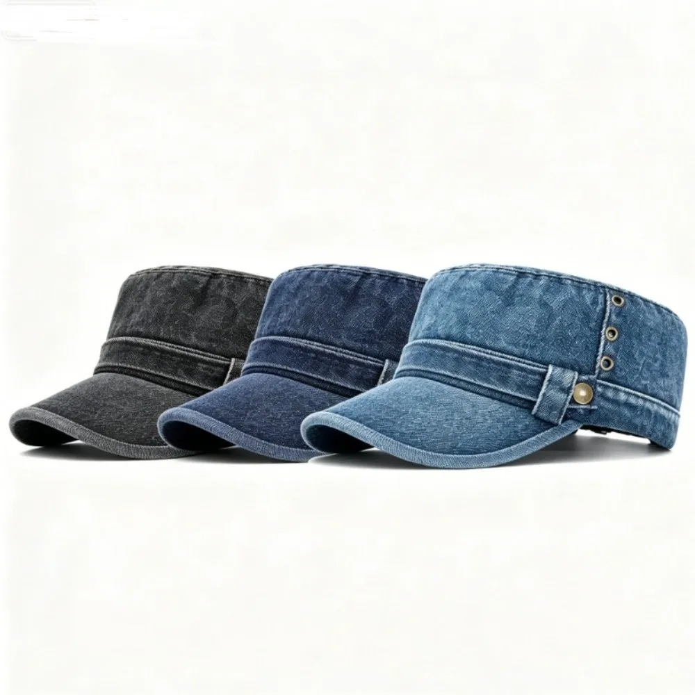 Practical Cotton Material Baseball Cap Adjustable Size Unisex Fit Cadet Cap Visor Design Denim Fabric Flat Top Cap For Women
