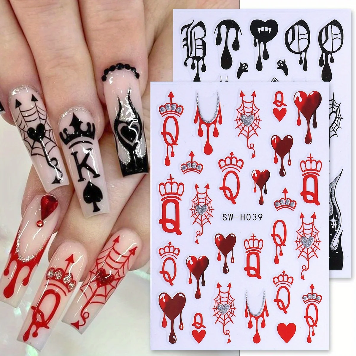 2 uds pegatinas brillantes de póker para uñas con purpurina negro rojo reina y rey demonio arañas diseño Web letra gótica corazón calcomanía de manicura francesa