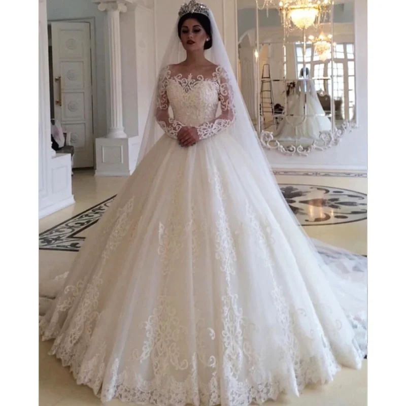 

Saudi Arabia Elegant Ball Gown Princess Wedding Dress Long Sleeve Lace Applique Tulle Wedding Gowns 2023 Vestido De Noiva