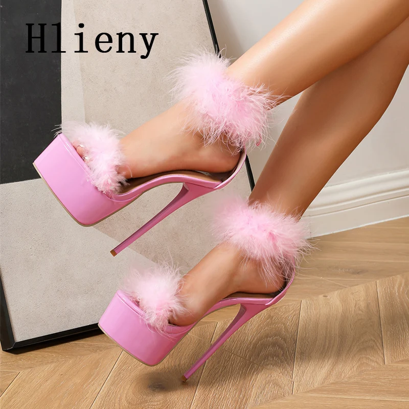 Hlieny Size 35-42 Pink Faux Fur Sandals Women Thin High Heels 2024 New Fashion Open Toe Platform Wedding Party Stripper Shoes