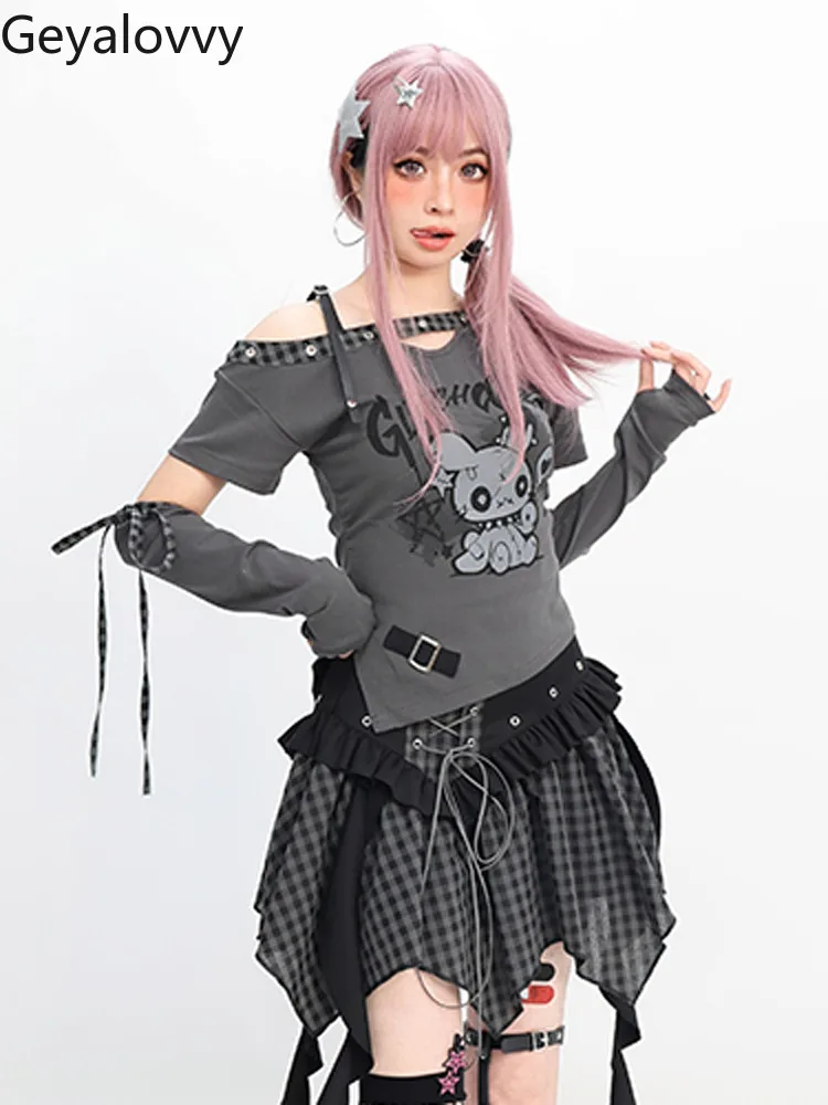

Sweet Cute Girls Off-shoulder Slim-fit Removable Sleeves T-shirt High-waisted Lace-up Streamer Plaid Short Skirt Set Outfits