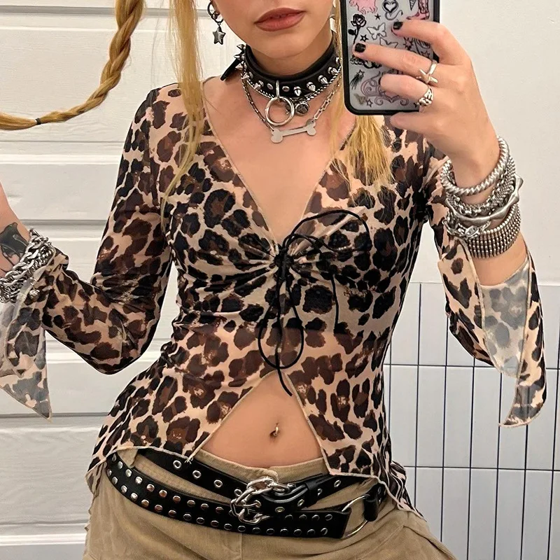 

Sexy Mesh Leopard Print Irregular Crop Tops 2024 Autumn New Fashion Long Sleeve T-shirt Party Club Streetwear