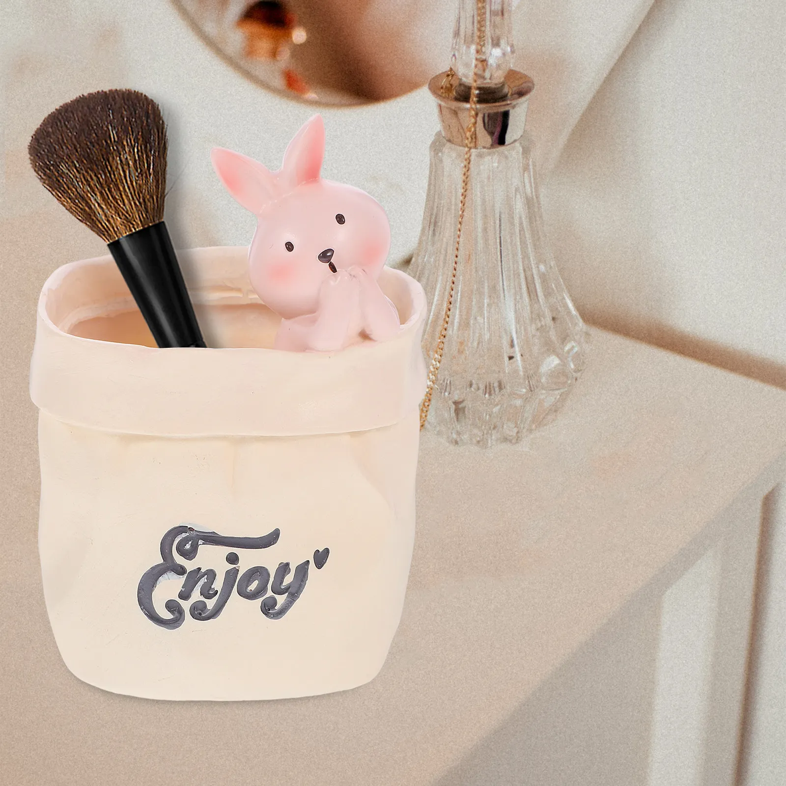Desktop Rabbit Cartoon Pen Holder Resin Material Multi Function Organizer for Pens Pencils Brushes Clean Desk Solution Office