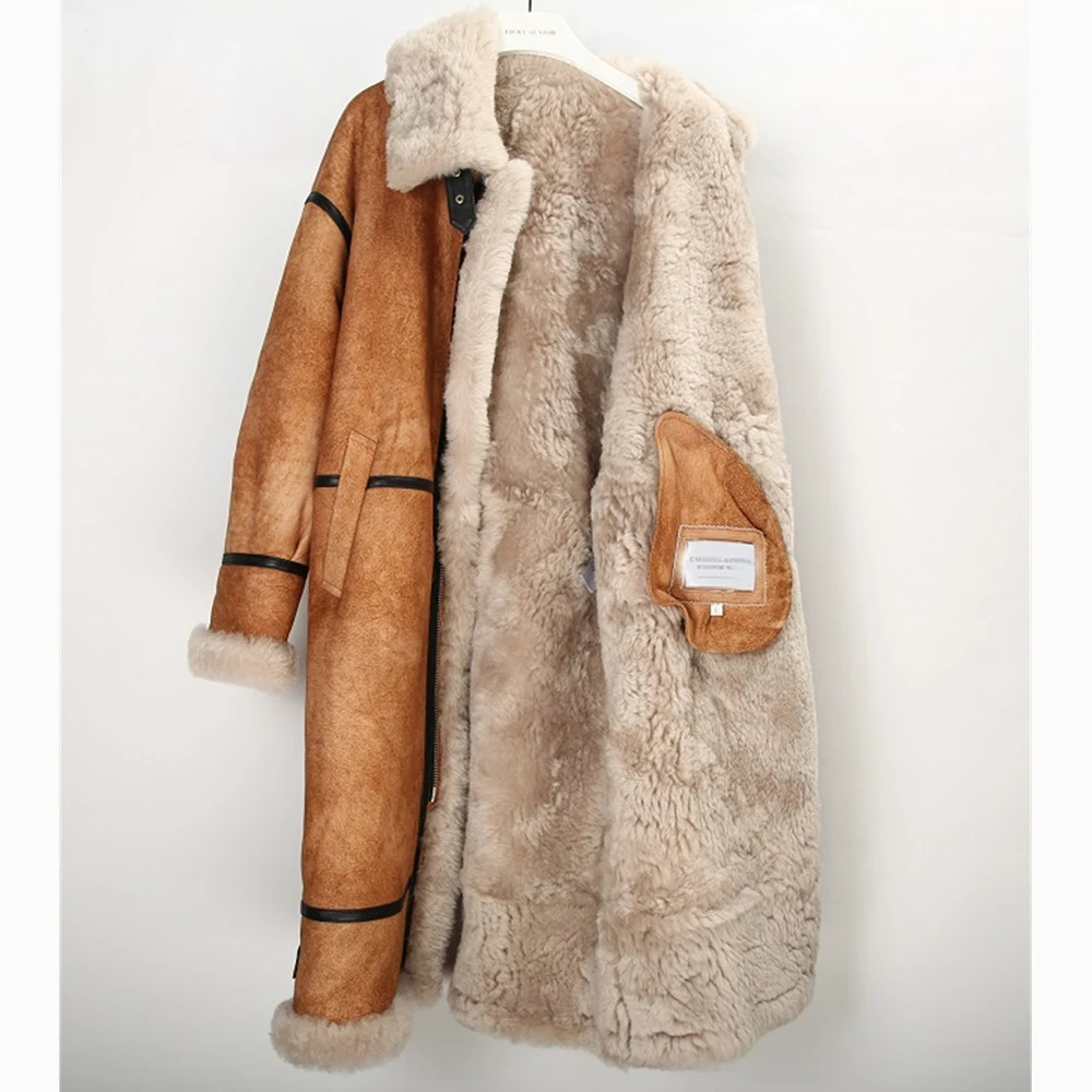 2023 Extra Long Bazaar Shearling Fur Clothing Women Casualy Camel Warm Winter Genuine Leather Sheepskin Shearling Overcoat