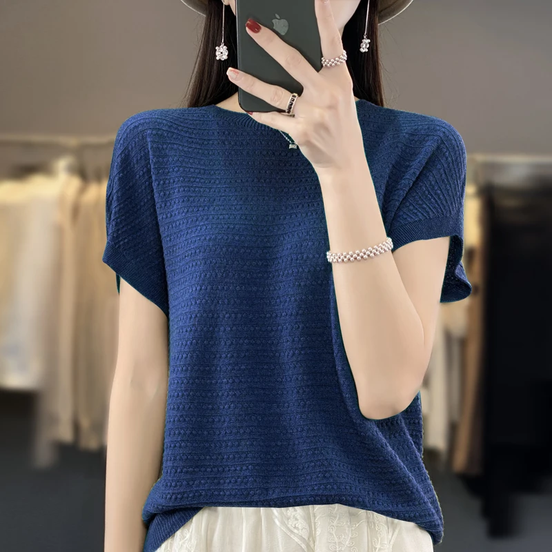 2024 New Women\'s Cashmere O-neck Pullover Spring/Summer Pullover Short sleeved Lightweight Comfortable Top