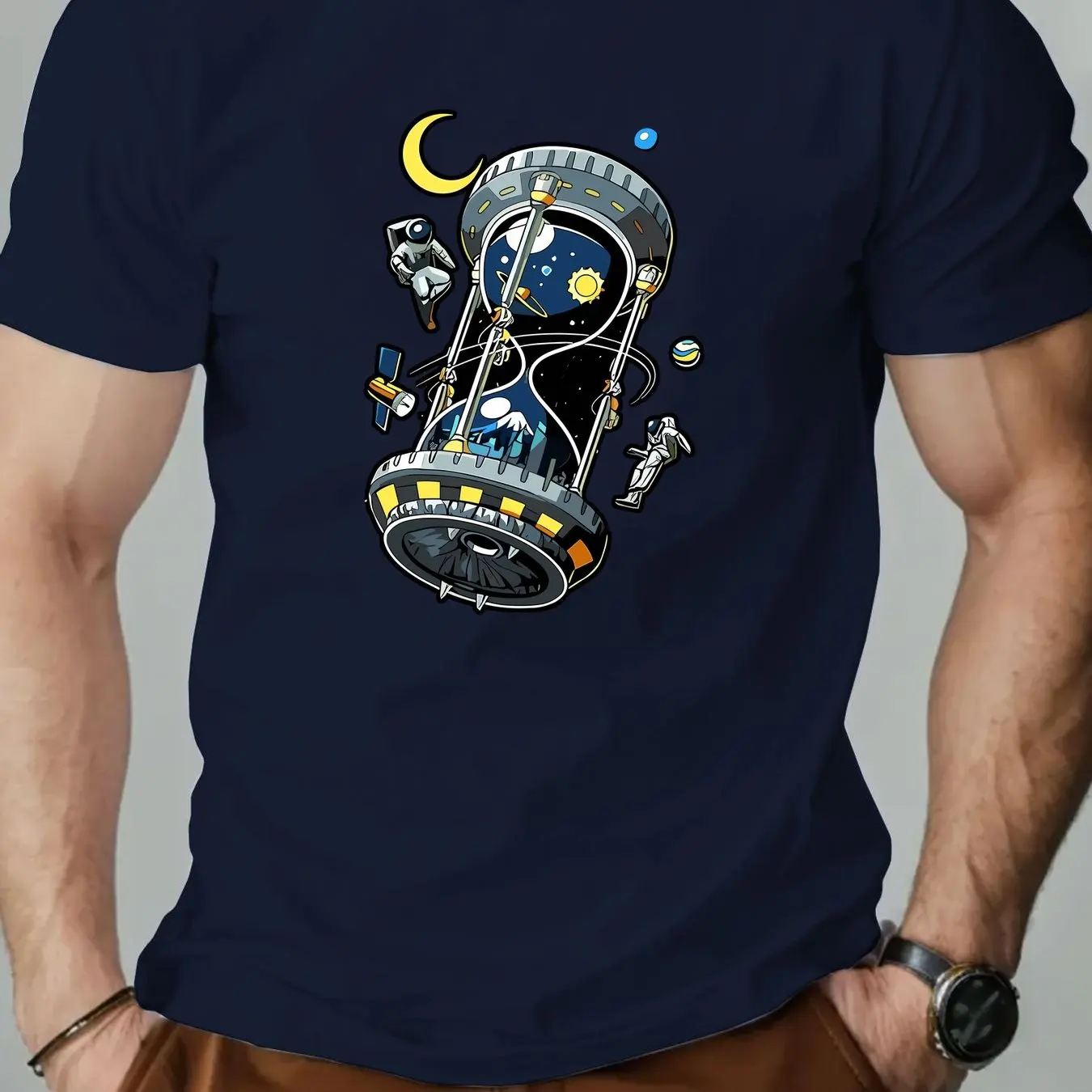 Men Space Timer Graphic T-Shirt Vibrant Yellow Casual Short Sleeve Tee with Astronaut  Planet Design Summer Round Neck Top