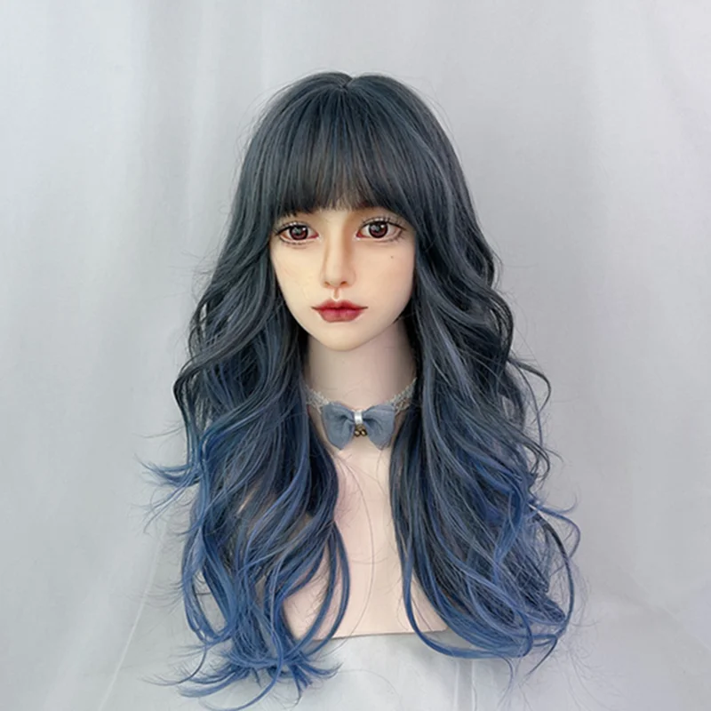 

VICWIG Women Long Wavy Black Blue Cosplay Wig with Bangs Fluffy Synthetic Anime Game Cosplay Wig for Daily Party
