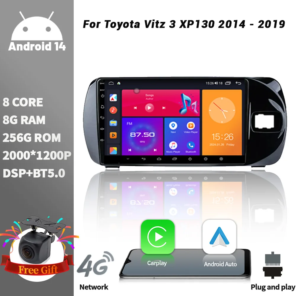 

Автомагнитола на Android для Toyota Vitz 3 XP130 2014-2019, мультимедийный проигрыватель, навигация, беспроводной CarPlay, сенсорный экран, стерео