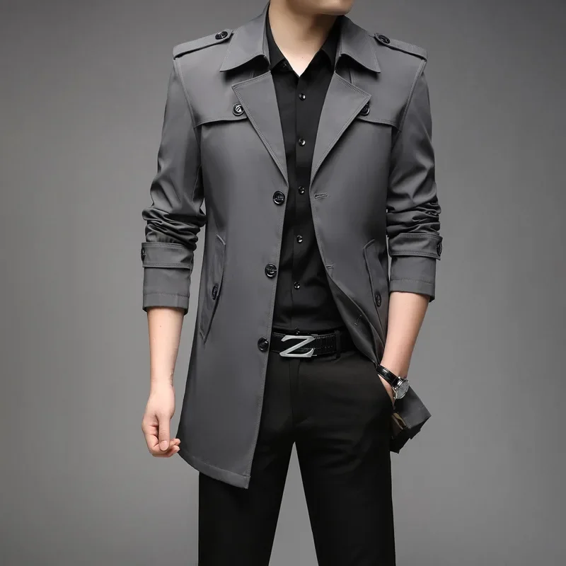 2024 Spring Autumn New Men's Medium-Length Trench Coat Collar British Style Solid Color Fashionable Urban Jacket For Casual Scen