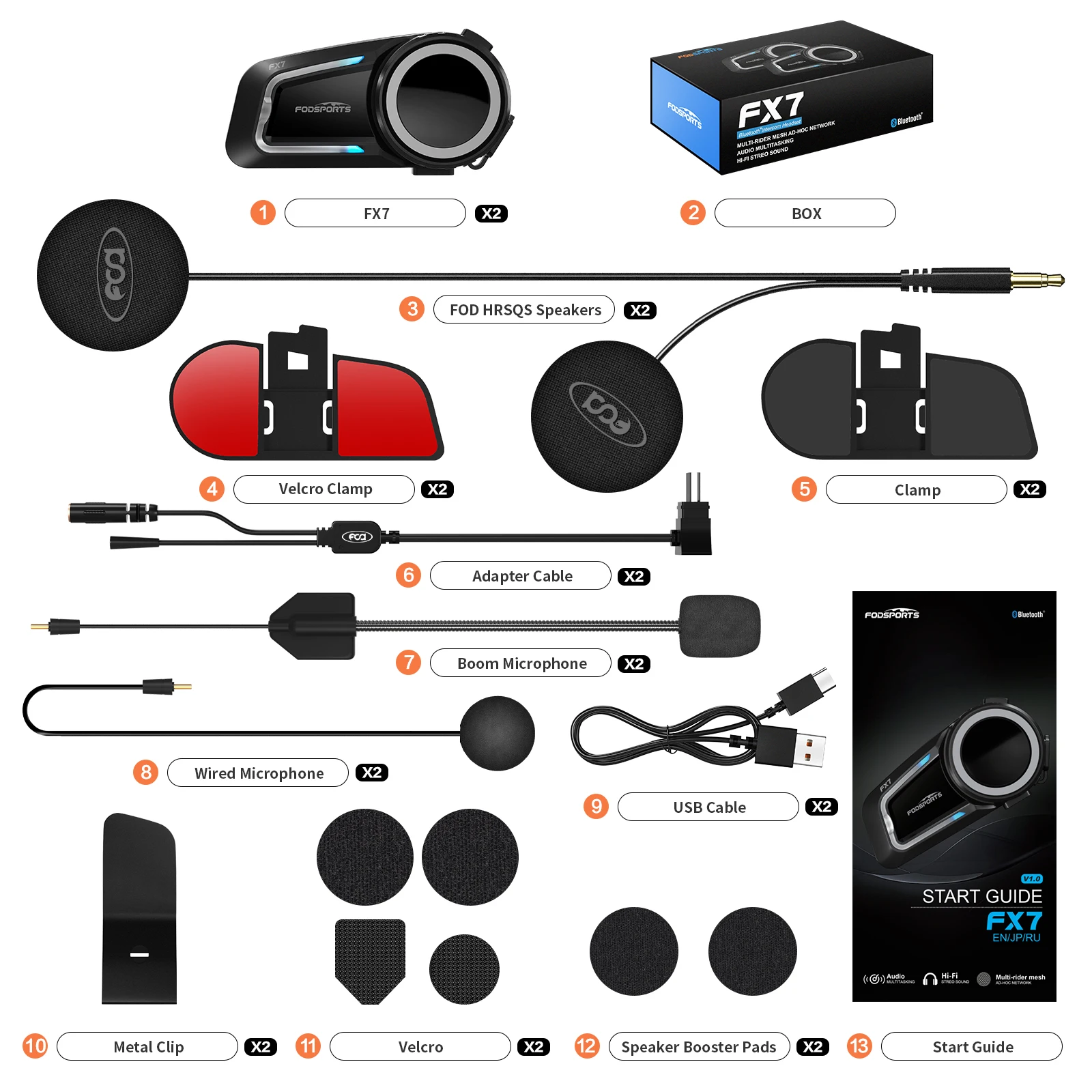 2 Pcs Fodsports FX7 Mesh Motorcycle Intercom Bluetooth Helmet Headset,BT5.4,Support APP.