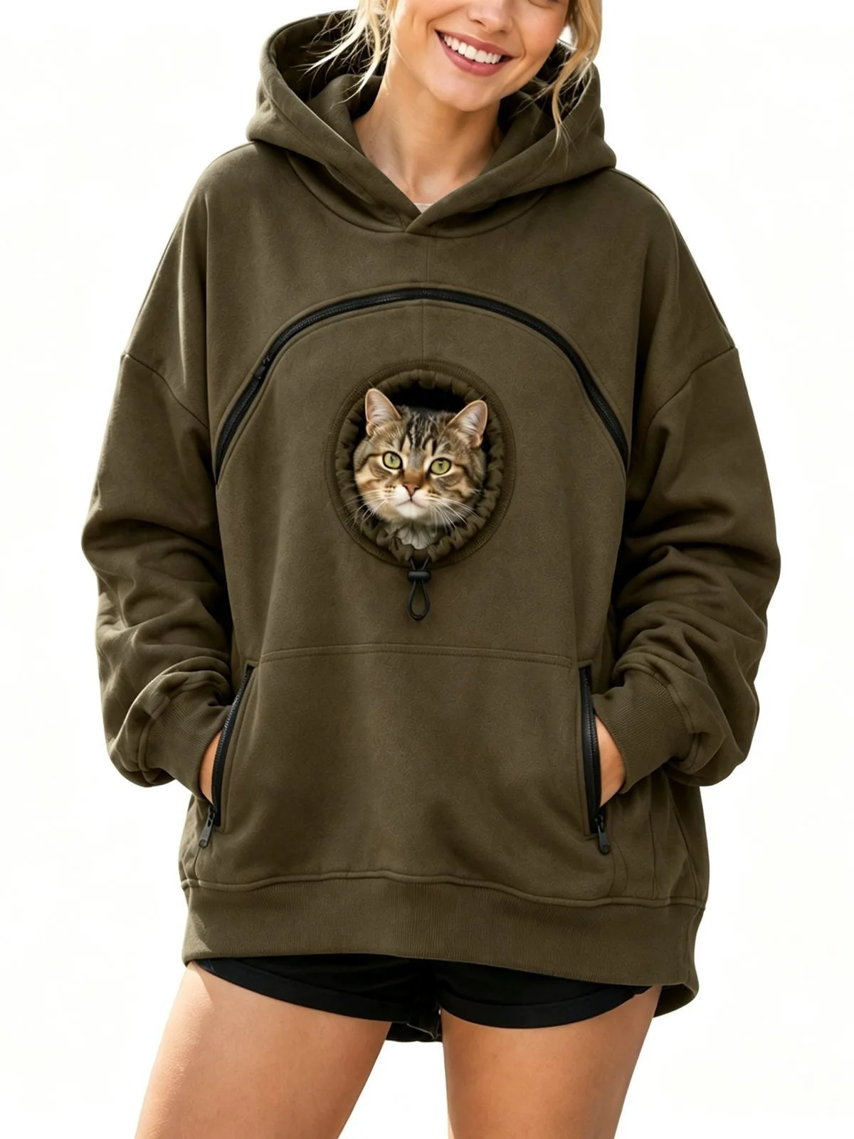Personalized LOGO Customized Women's Hooded Pet Cat Pocket Casual Sweater Zipper Long Sleeve Hooded Fleece Top