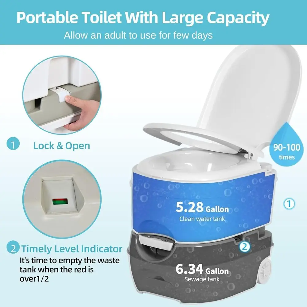 6.34 Gallon Portable RV Toilet Camping Porta Potty with Paper Collection, Indoor Outdoor RV Toilet with Handle Pump, Leak-Proof