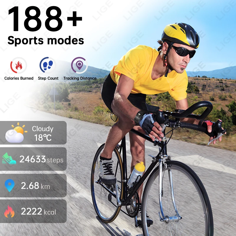 LIGE ECG Smart Bracelet Heart Rate Monitoring 200mAh IP68 Waterproof Multifunctional 188+ Sports Modes Smartwatch for Men Women