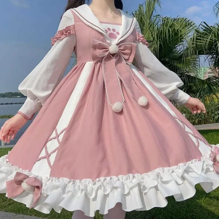 Vestido de talla grande Meow Paw Lolita para Mujer, Vestidos con lazo y cuello de marinero, Y2k, E-Girl, Vestidos nuevos de invierno de manga larga