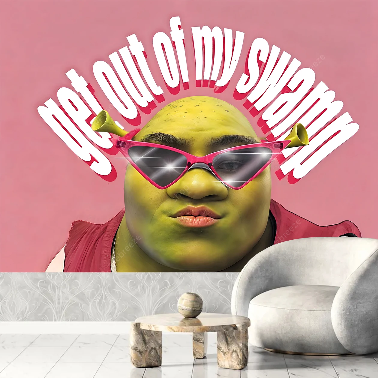 Shrek Pink Gobelin Get Out of My Swamp Wandteppiche, lustiger Meme-Wandteppich, Wandbehang, Kunstposter für Schlafzimmer, Wohnzimmer, Dekoration