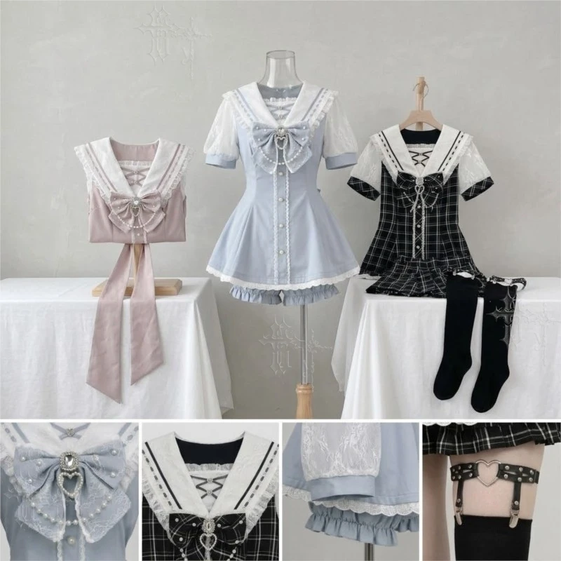Jirai Kei Summer Sweet Japanese Lolita Outfit Lace T Sailor Neck Short Dress Plaid Solid Color Cute Daily Wear Kawaii Mini Skirt