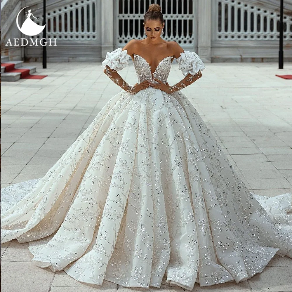 Aedmgh Ball Gown Royal Wedding Dresses Sweetheart Detachable Long Lantern Sleeve Robe De Mariee Lace Custom Made Bridal Gown