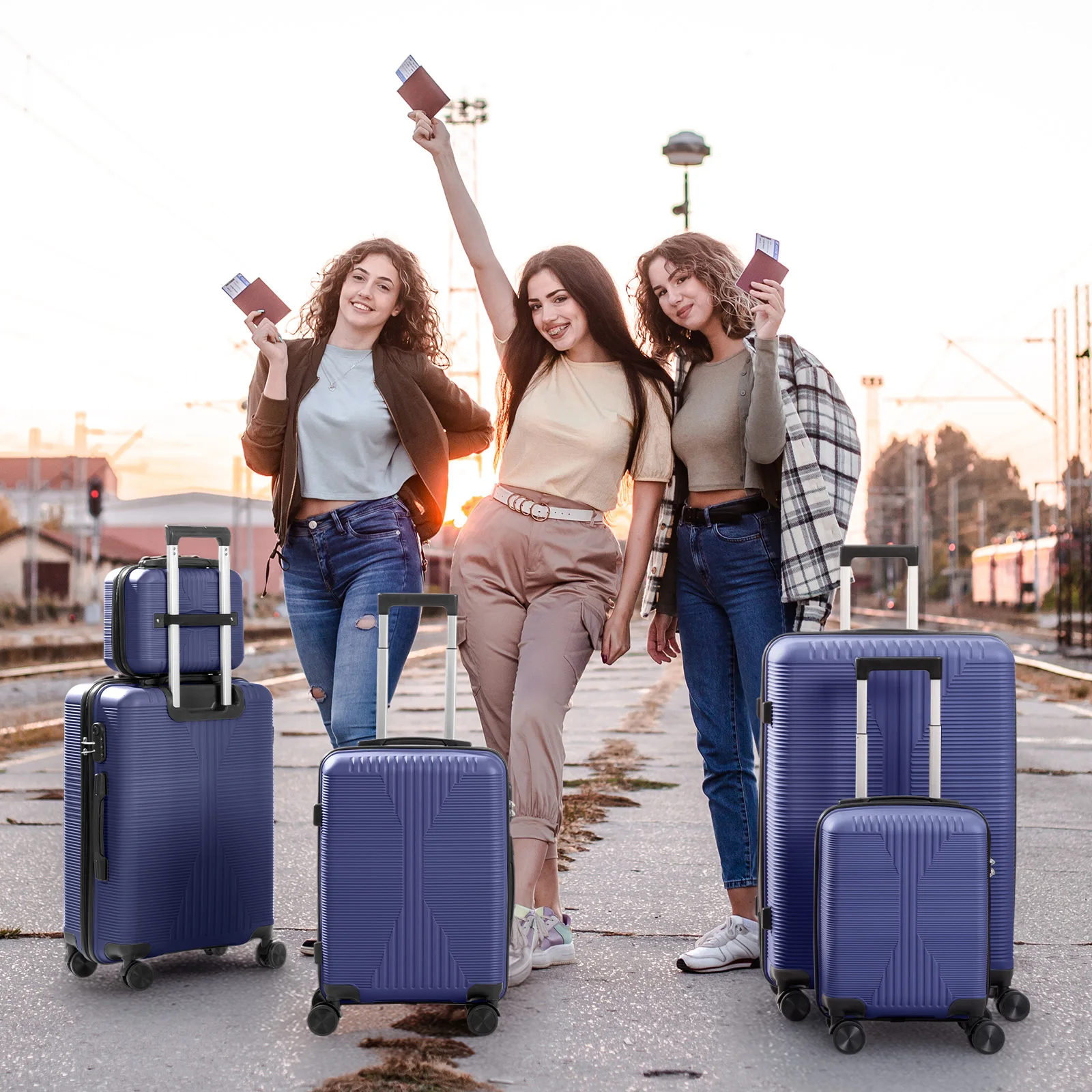 

12in, 16in, 20in, 24in, and 28in spinner suitcase sets. PP aluminum alloy pull rods, stylish colors, sporty luggage sets.