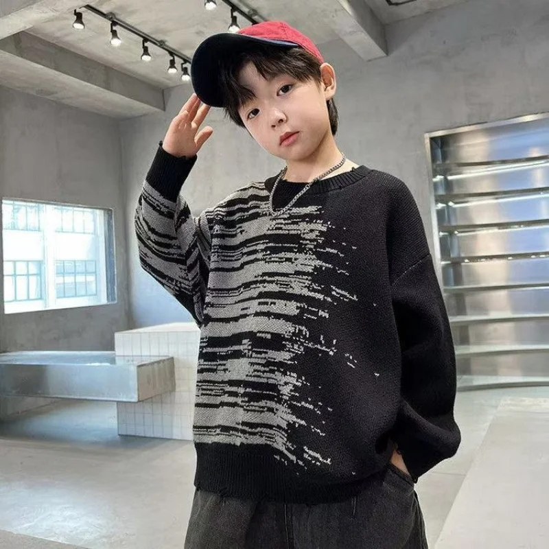 

Boy's Kids Top Korean Style Sweater 2025 New Arrival Autumn/Winter Black Thickened Knitwear Children's Clothing 3-14 Years Old