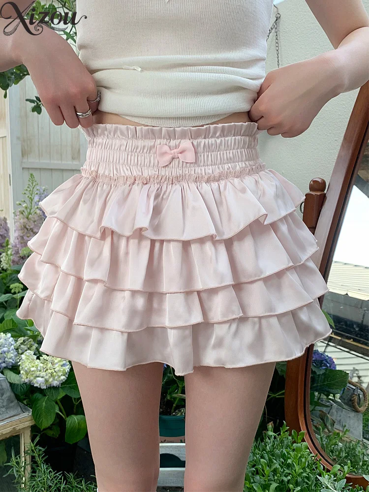 

2025 Summer Lolita Sweet Kawaii Y2K Vintage Cake Skirt Mini High Elastic Waist Ruffles Layered Puff Ball Gown Solid Pink White