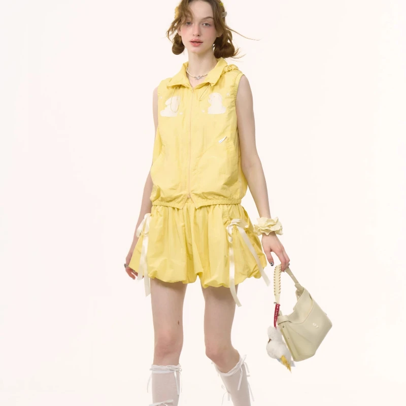 Summer American Retro Women's Clothing Original Design Bow High Waist Thin Yellow A-line Bud Skirt Half-length Short Skirts Girl