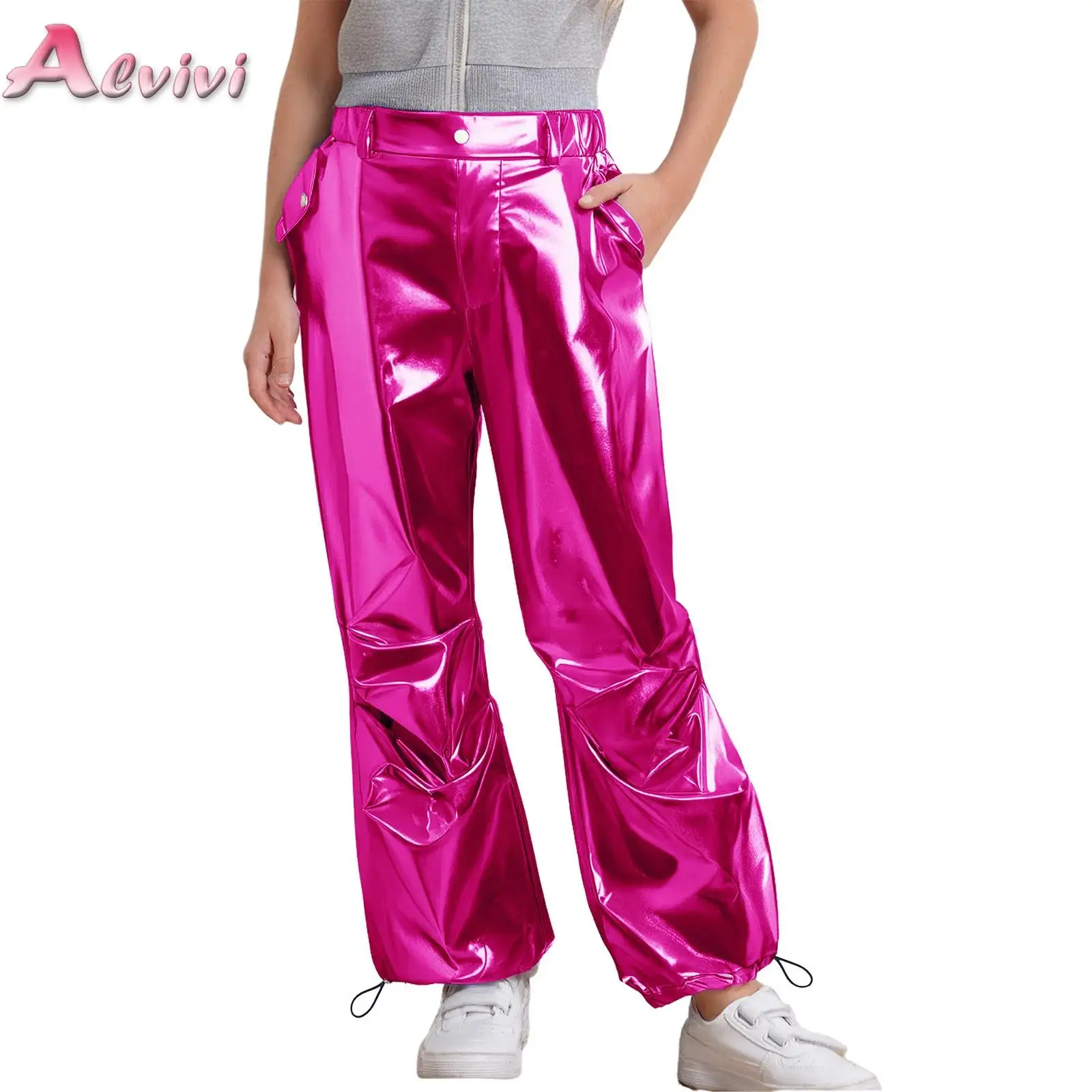

Kids Girls Fashion Ruched Metallic Cargo Pants Drawstring Leg Opening Trousers for Jazz Dance Hip-Hop Modern Stage Performance