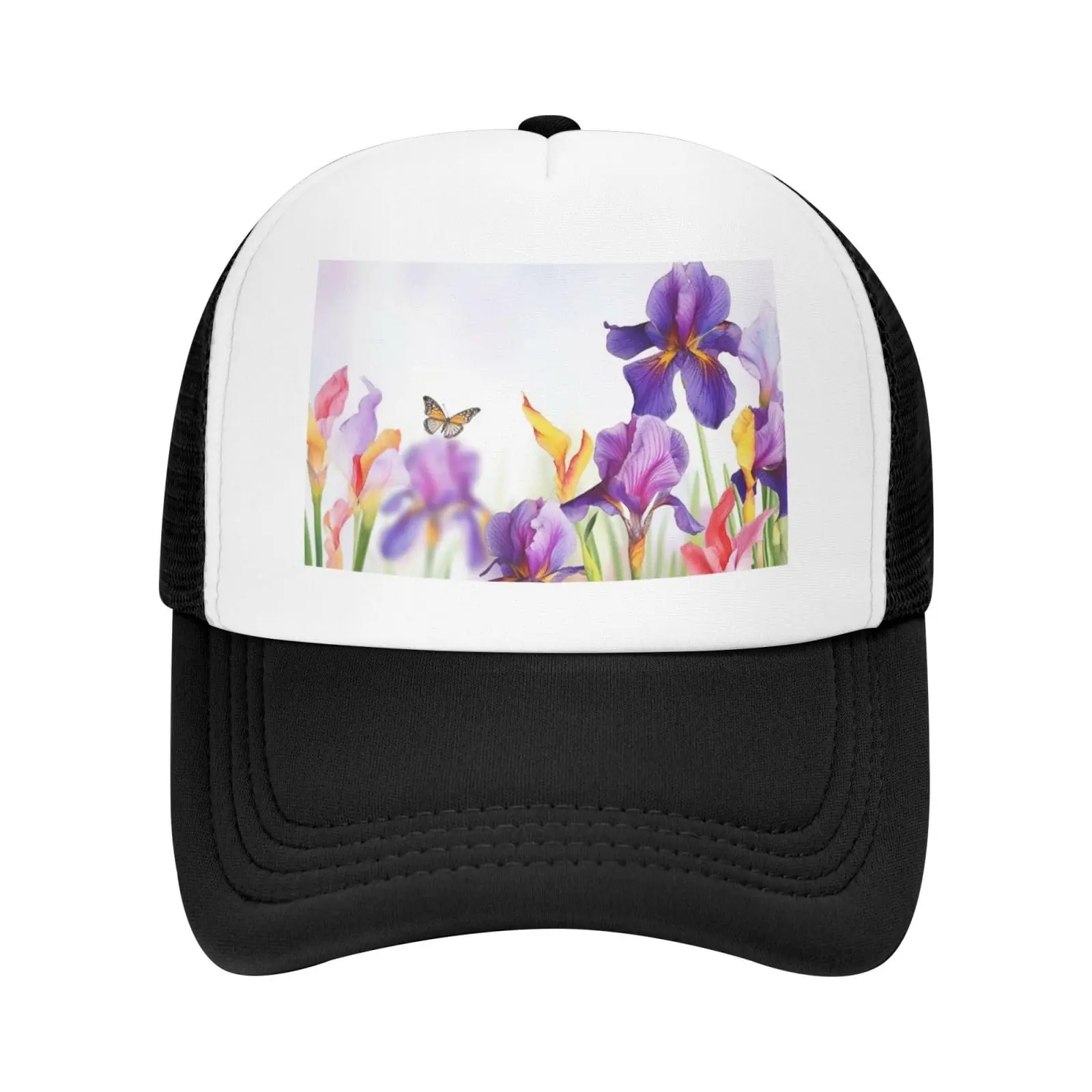 Trucker Hoeden Iris Bloem Vlinder Print Mesh Baseball Cap Trucker Hoeden Vrouwen Met Verstelbare Snapback Band Zwart