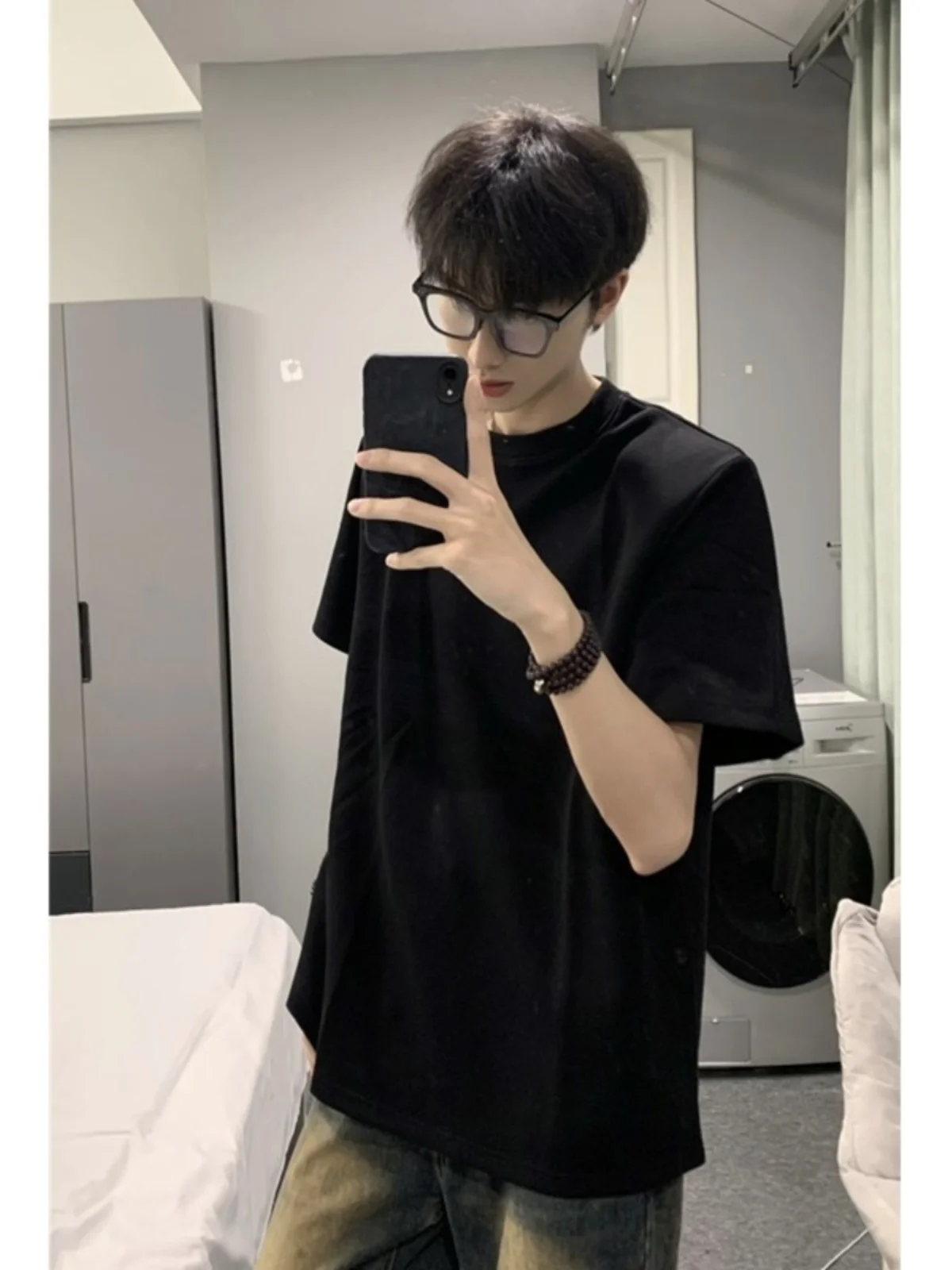 Cleanfit Pure Black Short Sleeve T-Shirt Men's Summer Fashion Brand Shoulder Pad Flat Street Style American Base Shirt Cotton...