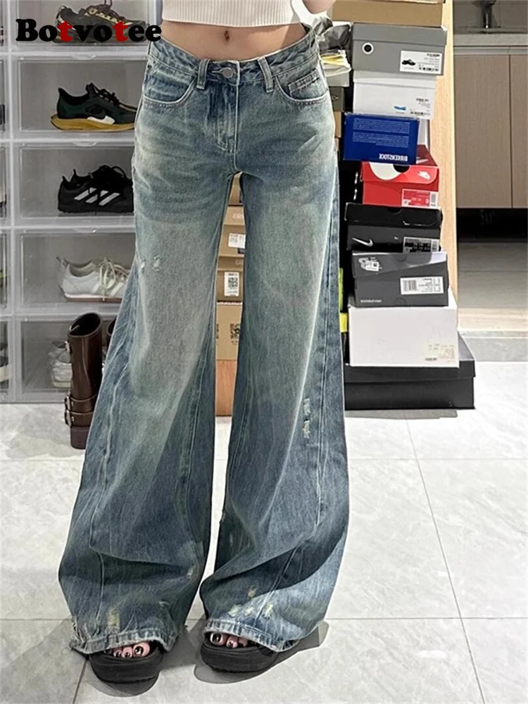 

Botvotee Vintage Washed Wide Leg Jeans Women - Low Waist Ripped Denim Pants American Retro Loose Fit Straight Trousers 2025New