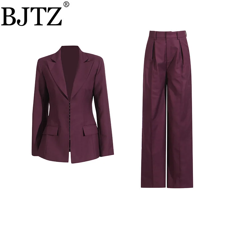 

Temperament Office Lady Style Two Piece Set 2025 Summer New Style Collar Solid Color Blazer Top+High Waist Wide Leg Suit Pants