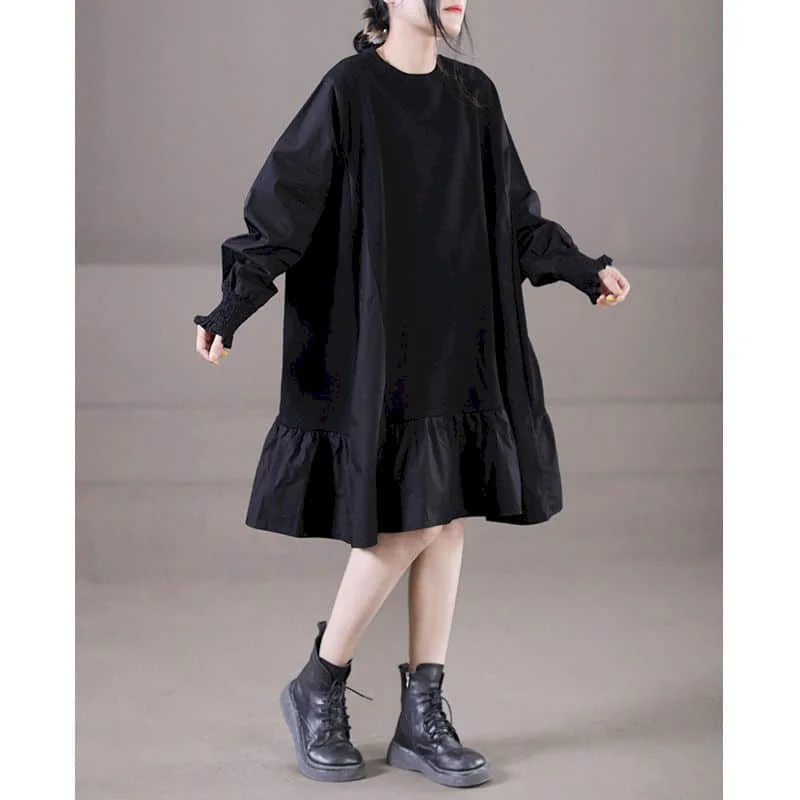 Solid Shirt Dress Vintage Casual Long Sleeve Loose O-neck Korean Style Button Design Knee Length Summer Dress for Women Clothing