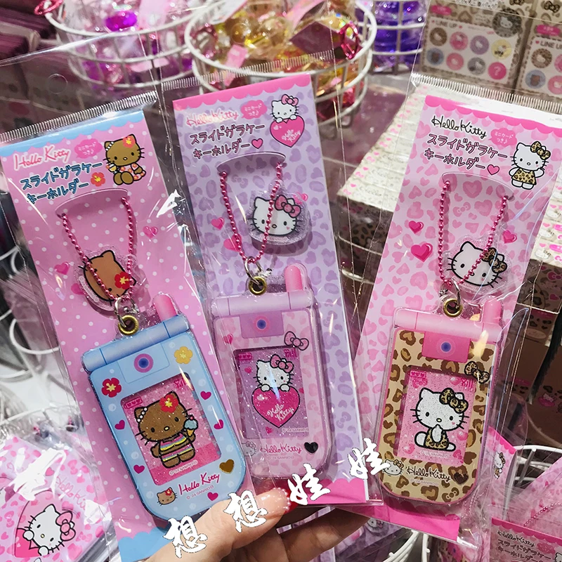 Hello Kitty from Sanrio Japan, leopard print black leather phone design, keychain, anime decoration for ladies