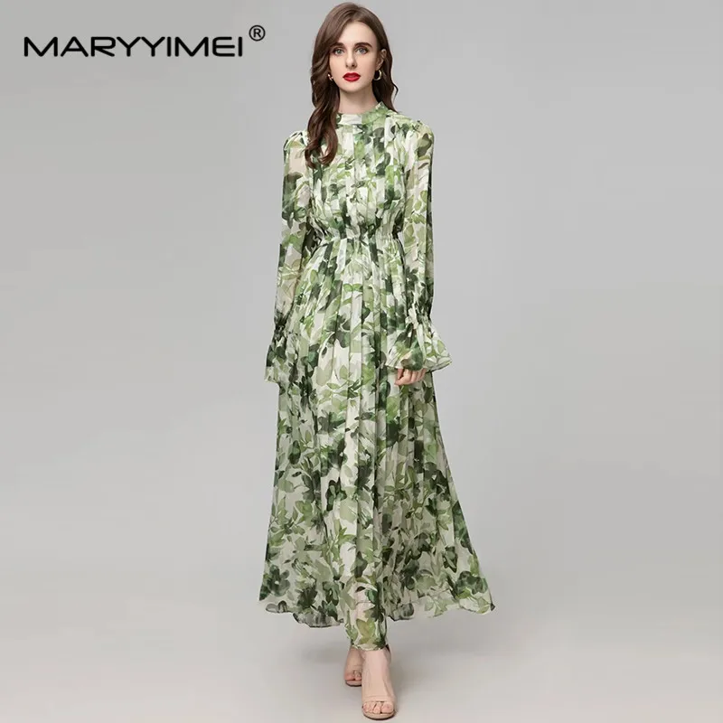 MARYYIMEI New Fashion Women's Stand Up Collar Lantern Long Sleeved Pleated Slim Fit Printed Holiday Elegant Medium Length Dress