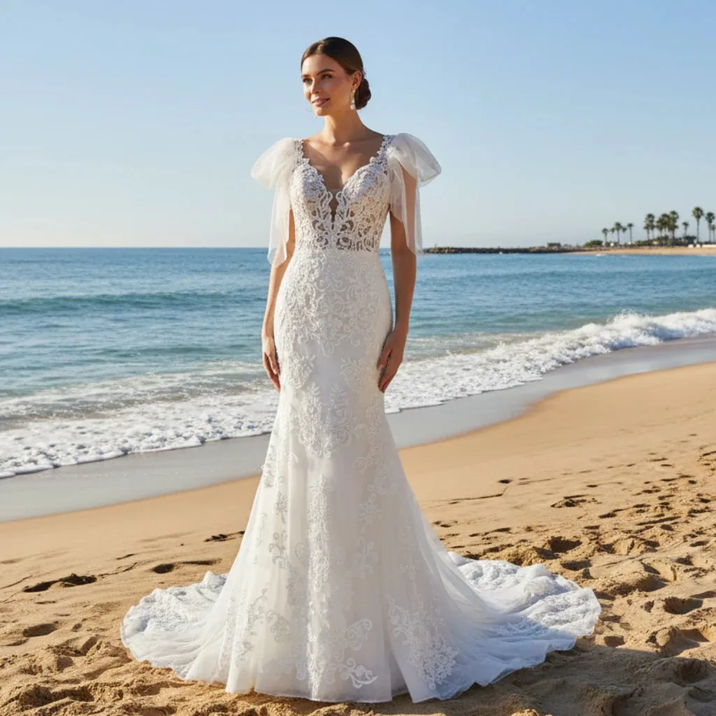 

Rosymae Винтажное свадебное платье с прозрачным лифом и глубоким v-образным вырезом с v-образным вырезом и цветочным кружевом с гребешком и шлейфом, платье de novia