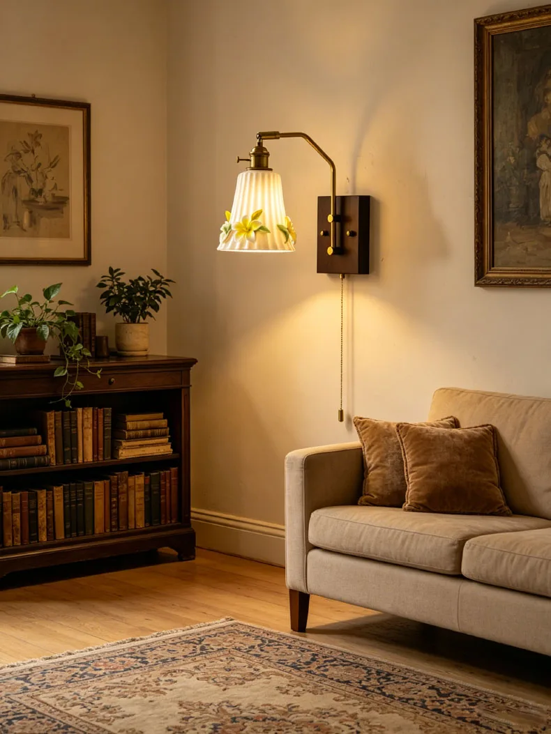 White Ceramic Wall Light Flower Wood Base Switch E27 Bulb