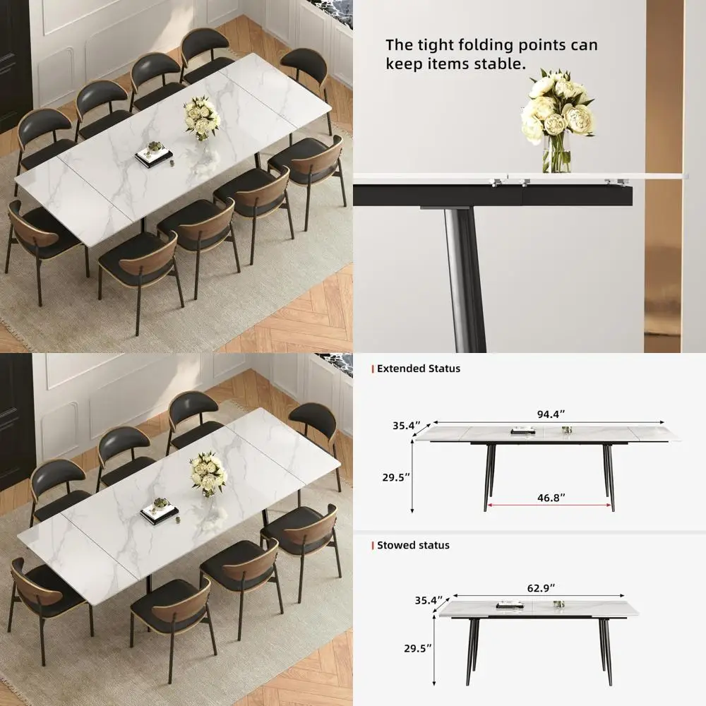 

Expandable Rectangular Dining Table Seats 6-10, Durable Sintered Stone Surface for Easy Care