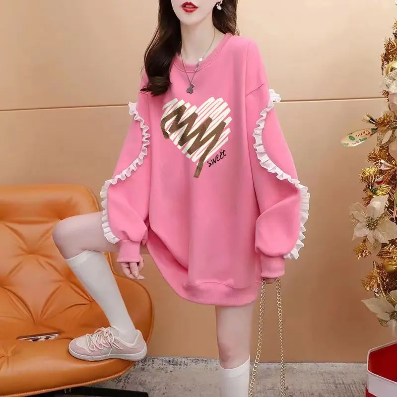 Felpa con cappuccio sottile medio lungo Graffiti con personalità da donna, maniche patchwork con bordo arricciato, top ampio con blocco della carne