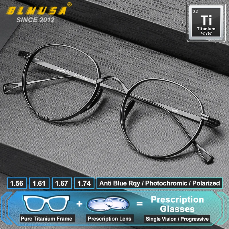 

BLMUSA (S) Retro Pure Titanium Progressive Prescription Glasses High Quality Men Blue Light Ray Photochromic Optical Eyeglasses