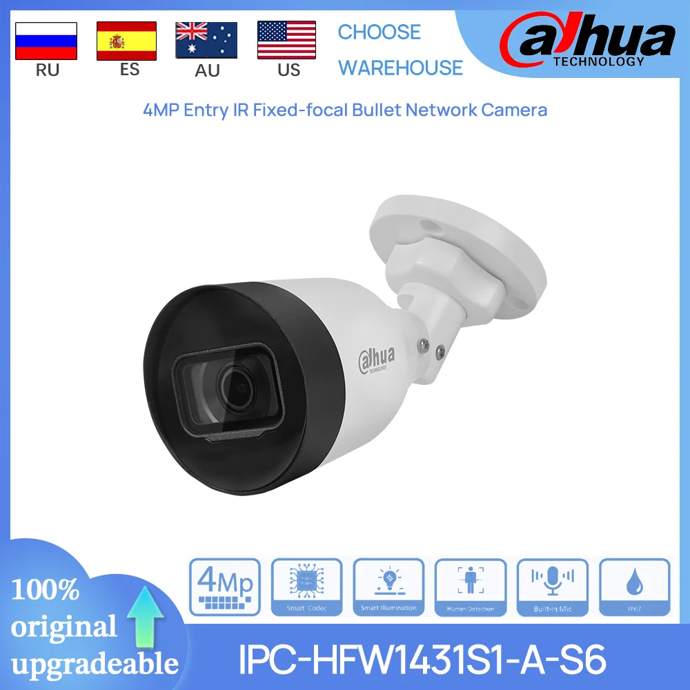 Original Dahua IPC-HFW1431S1-A-S6 4MP Entry IR Fixed-focal Bullet POE Network Camera Human Detection Smart Search Built-in MIC