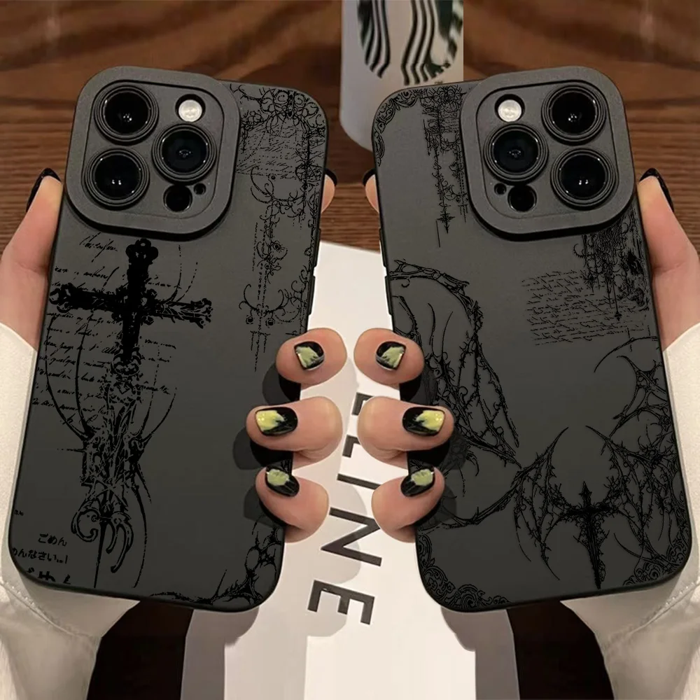 HOT Luxury Dark Gothic Cross Mark Phone Case For iPhone 17 16e 16 15 14 13 12 11 Mini Air Pro Max X XR XSMax Plus Soft Cover