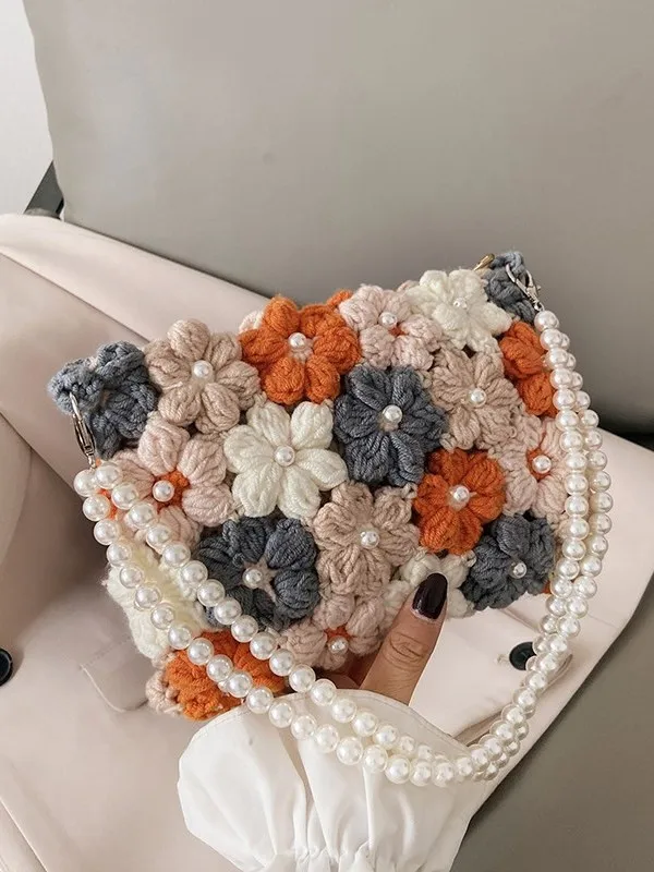 

Handmade Crochet Pearl Flower Bag DIY Yarn Single oulder Hand Knitted Bag Soft Cotton Casual Faion Small Size Ladies Bag