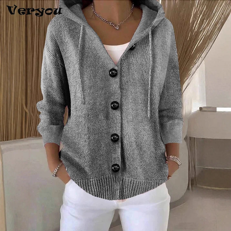 

New Hooded Sweatshirt Women Long Sleeve Knitted Tops Cardigan Jacket Cross Border Button Sweater Cardigan Women Fashion Coat