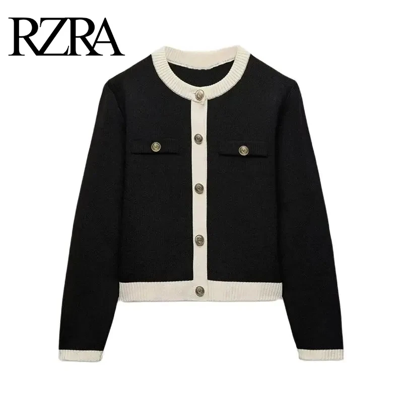 RZRA original women\'s clothing 2024 autumn new gold-breasted long-sleeved black and white round neck knitted sweater jacket