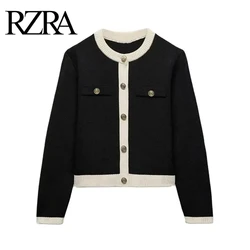 RZRA-Chaqueta de manga larga con botones dorados para mujer, suéter de punto con cuello redondo, color blanco y negro, ropa original para otoño, novedad de 2024