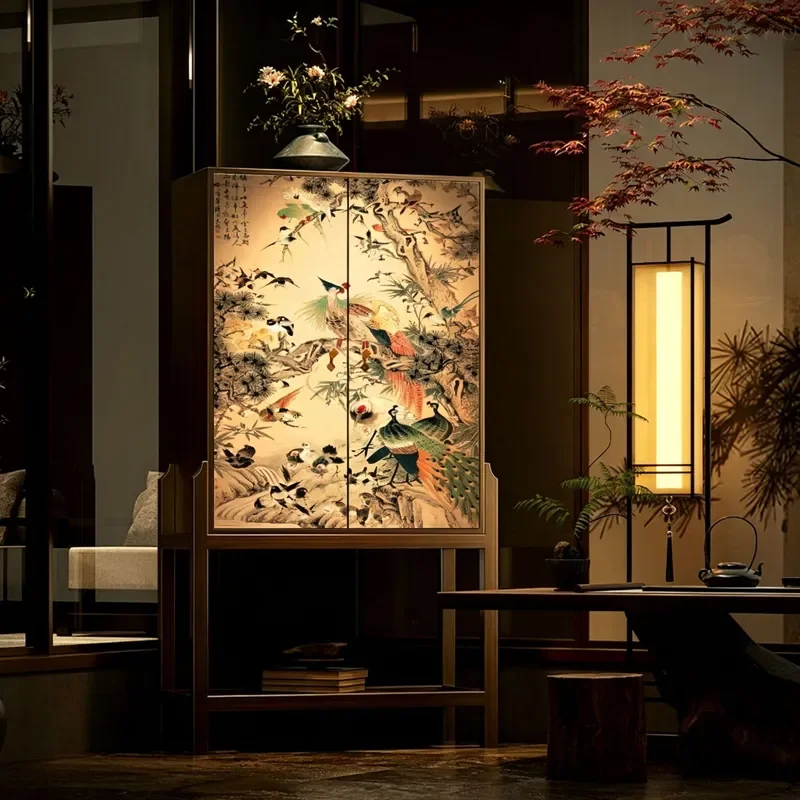 Song Style Aesthetic School Style Ancient Flowers and Birds Paintings Solid Wood Tall Short Standing Cabinets Entrance Porch
