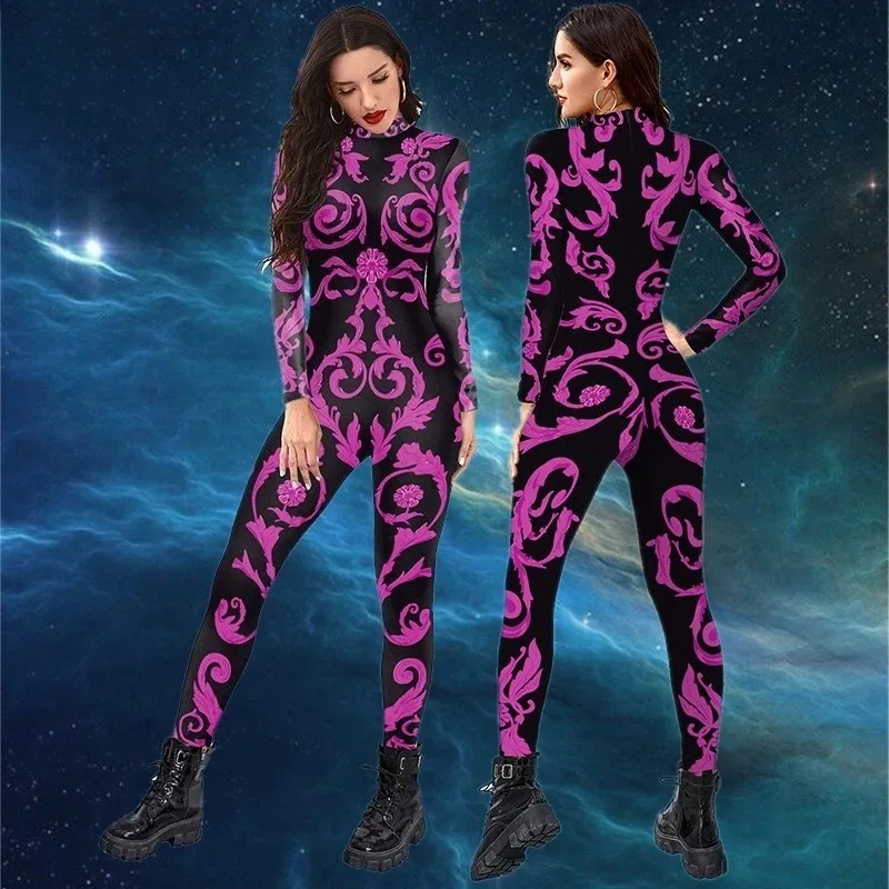 

2025 Floral Art Print Bodysuit - Creative Plant Pattern Jumpsuit, Ideal Costume for Stage Performances & Shows