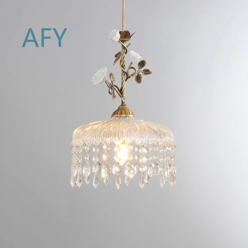 French Cream Wind Flower Pendant Lamp for All Copper Retro Creative Restaurant Bar Counter Bedroom Bedside Pastoral Glass