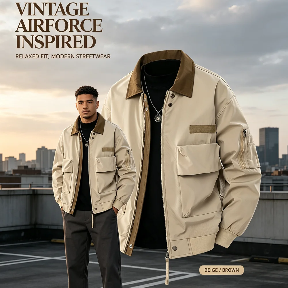 Autumn Men's Cargo Bomber Jackets Fashion Man Retro Streetwear Pilot Zipper Coats Men Multi‑Pocket Windbreaker Work Jackets