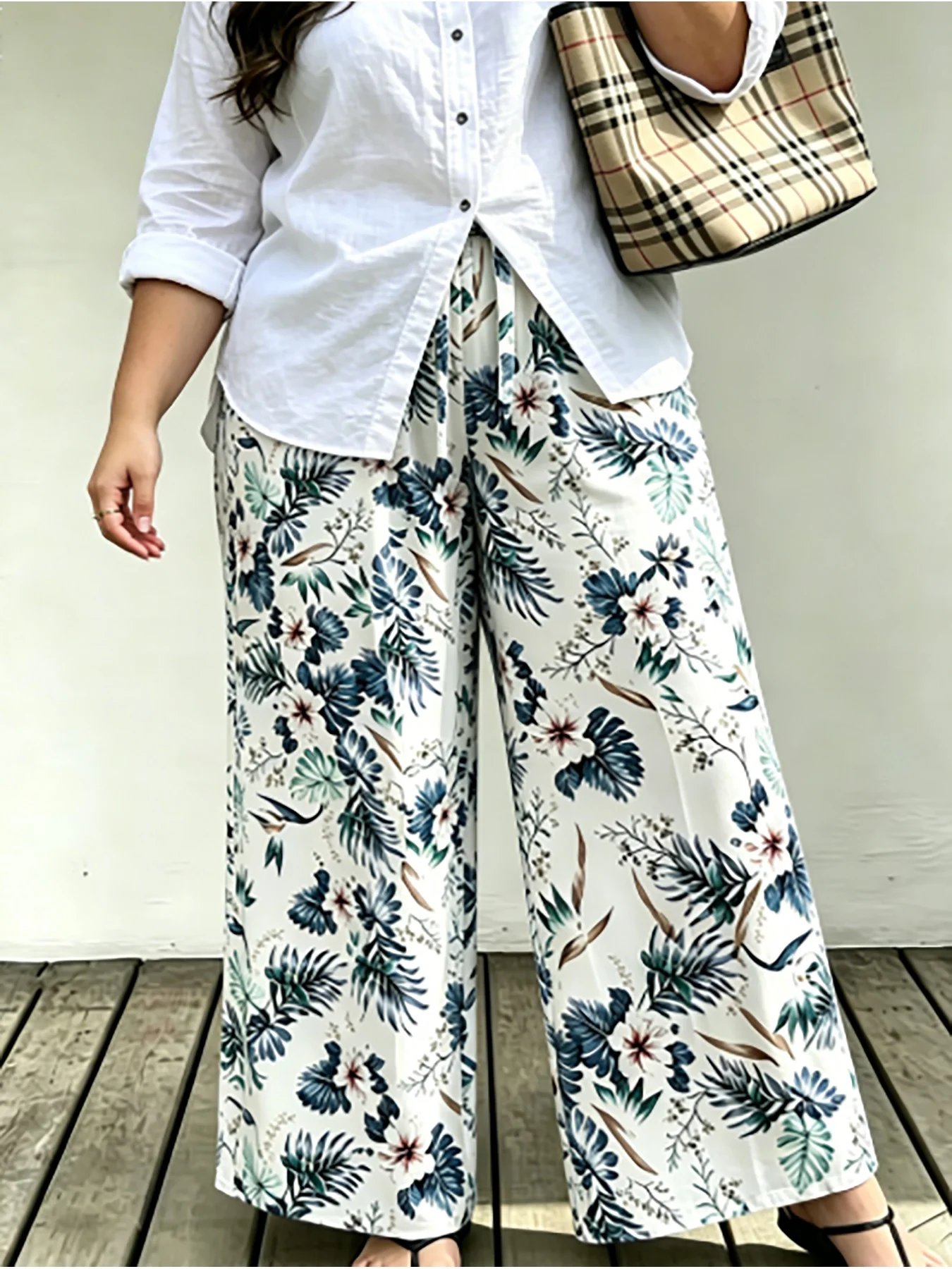 Large Size Women's Casual Bohemian Style Elastic Waistband Drawstring Loose Wide Leg Pants Long Pants